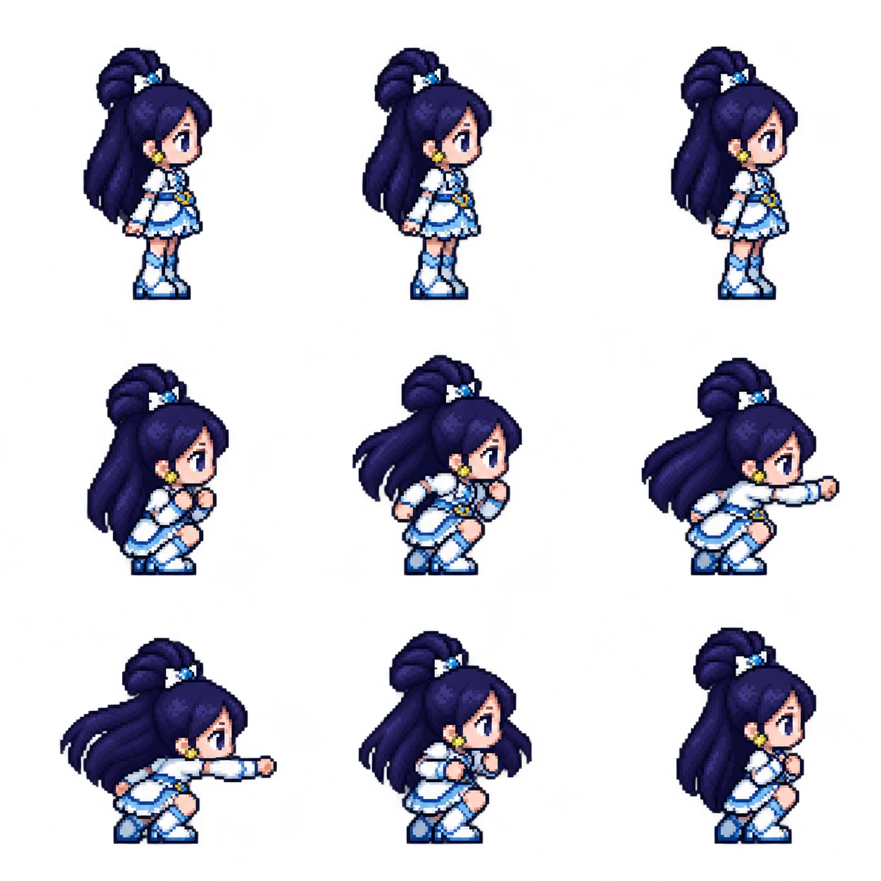 Original generated three-by-three sheet with standing references on top and six crouching action frames below