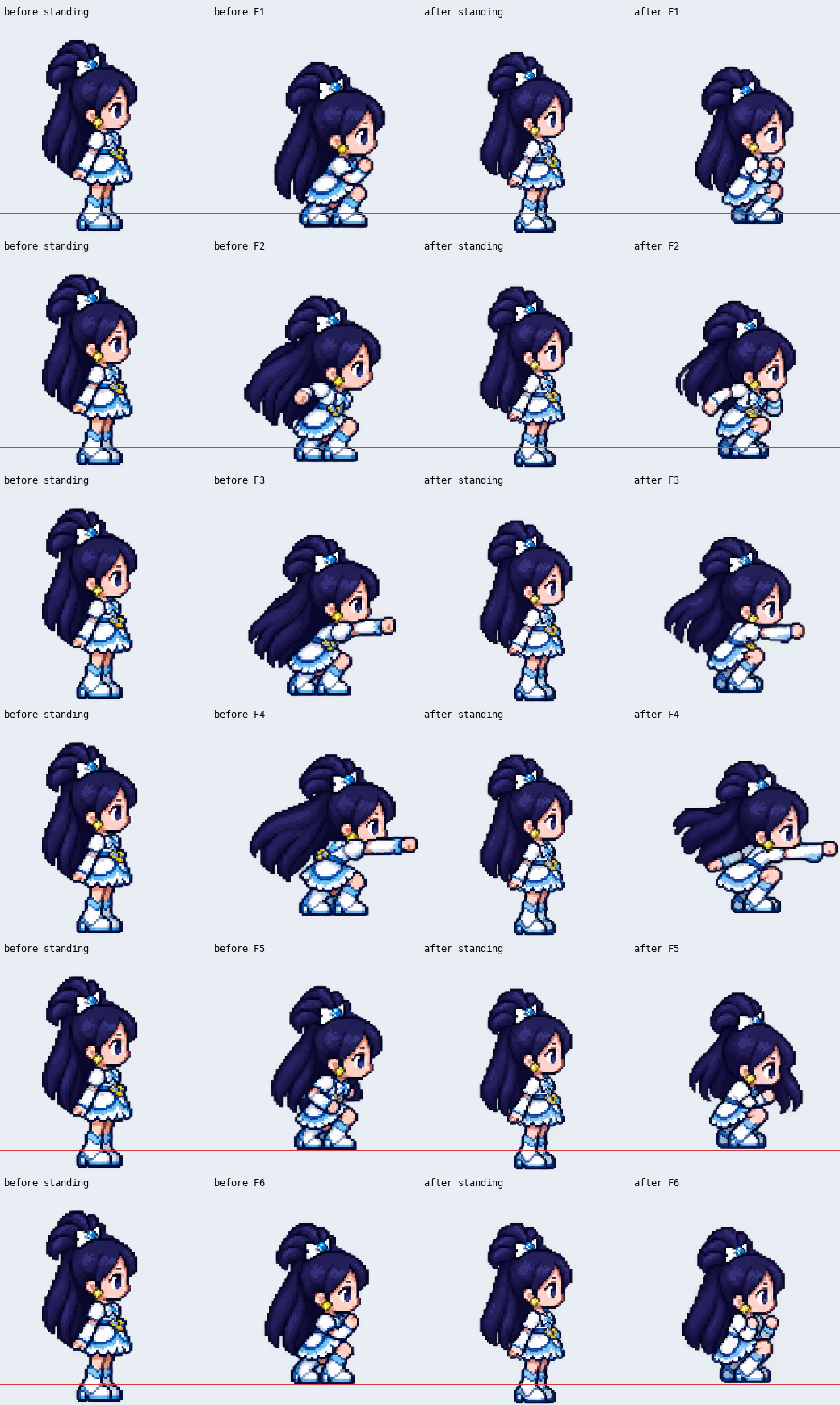 Six rows of earlier and later standing and crouching frames, with the remaining ground-position variation visible