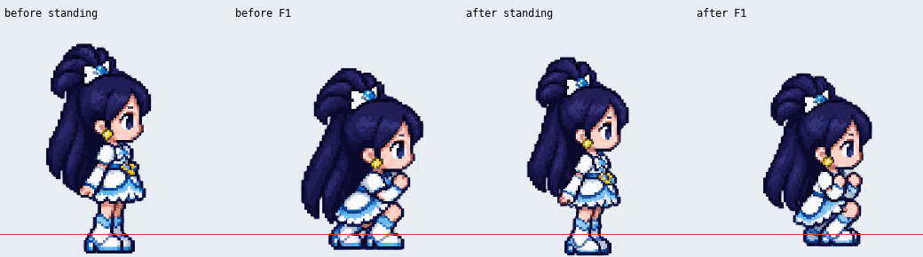 Before and after measuring the standing reference, showing continued scale and floor-position differences