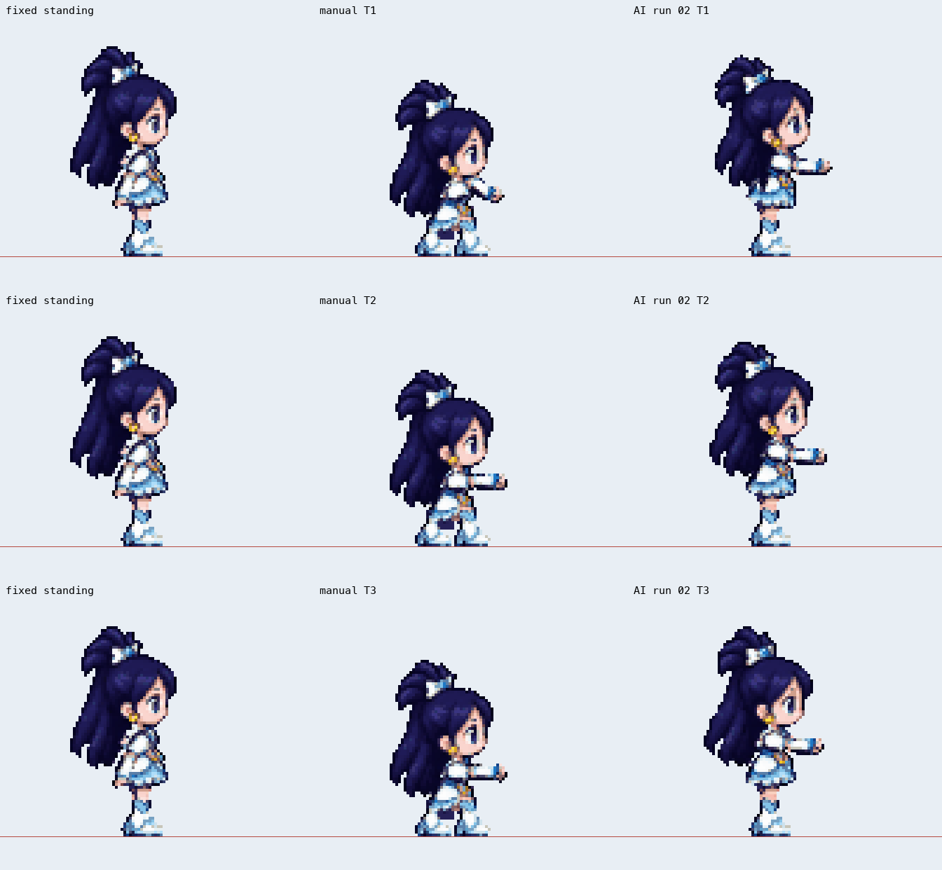 All three rows comparing the fixed standing character, manual crouch and near-standing AI output