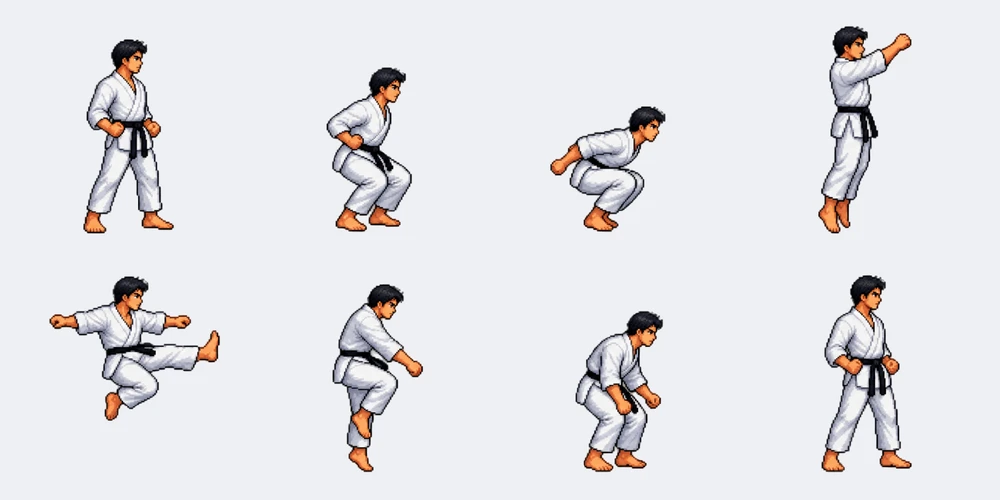 Pied fort sauté : planche de 8 frames avec flexion, impulsion, coup de pied volant au sommet du saut et réception