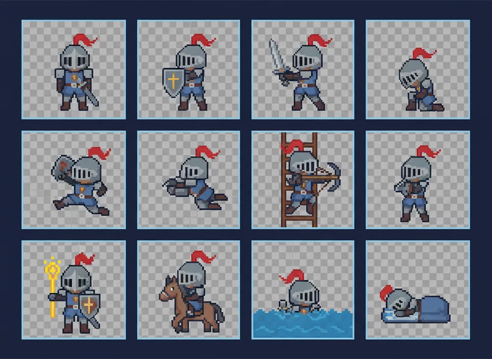 A sprite sheet is a grid of uniform cells, one pose per cell
