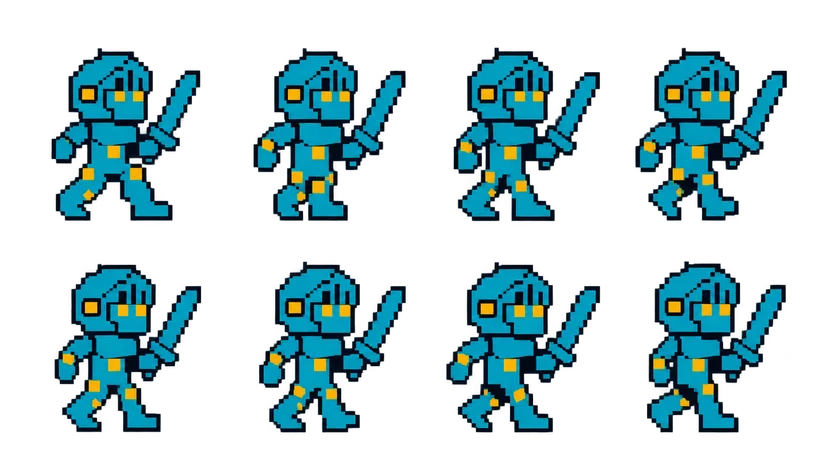 An AI-generated eight-frame walk cycle sprite sheet